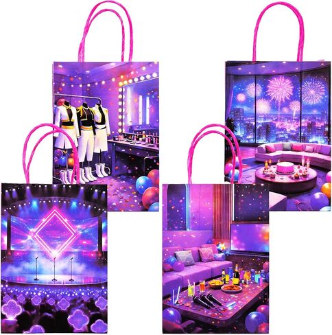 Kauai Sun KPop Korean Style Party Gift Bags with Handles, 16 Packs, 4 Designs, Purple Pink Magical Idol Concert Stage Paper Goodie Bags for Birthday Party Favors & Treats (8" x 6") in Saudi Arabia