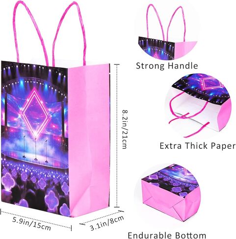 Kauai Sun KPop Korean Style Party Gift Bags with Handles, 16 Packs, 4 Designs, Purple Pink Magical Idol Concert Stage Paper Goodie Bags for Birthday Party Favors & Treats (8" x 6") in Saudi Arabia