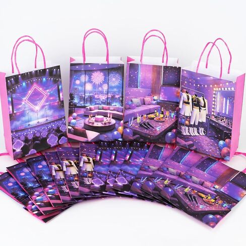 Kauai Sun KPop Korean Style Party Gift Bags with Handles, 16 Packs, 4 Designs, Purple Pink Magical Idol Concert Stage Paper Goodie Bags for Birthday Party Favors & Treats (8" x 6") in Saudi Arabia