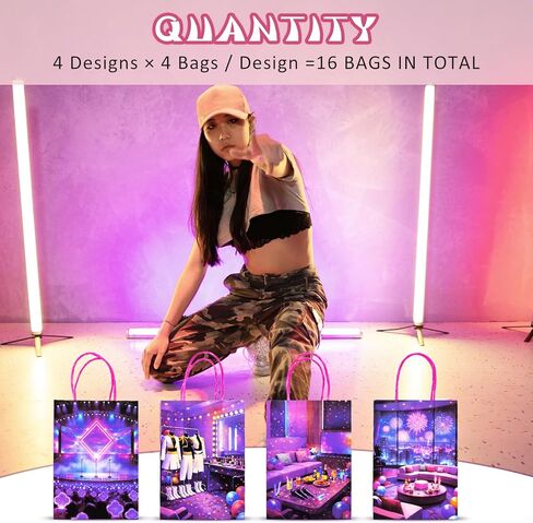Kauai Sun KPop Korean Style Party Gift Bags with Handles, 16 Packs, 4 Designs, Purple Pink Magical Idol Concert Stage Paper Goodie Bags for Birthday Party Favors & Treats (8" x 6") in Saudi Arabia
