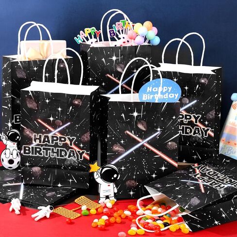 Ailefentene 24 Pcs Star Theme Birthday Gift Bags Galaxy Space Party Favor Black Paper Gift Bags Bulk with Handles for Kids Boys Girls Universe Happy Birthday Party Supplies in Saudi Arabia