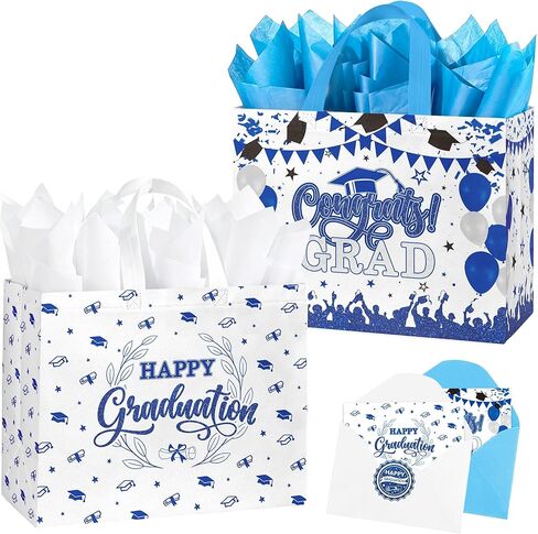 MOIZYNG 2 Pack 13" Large Graduation Gift Bag with Tissue Paper and Card, Blue White Reusable Non-Woven Gift Wrapping Bags with Handles, Congrats Grad Gifts for High School College Party Favors in Saudi Arabia