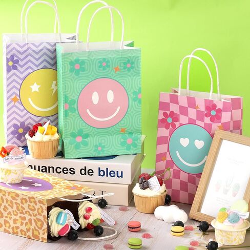 Lesnala 16 Pcs Smiley face goodie bags with Handles 4 Styles Party favor bags for kids birthday Pastel gift bags for Party Event Supplies Baby Shower Decorations in Kuwait