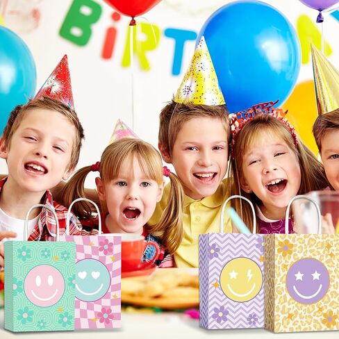 Lesnala 16 Pcs Smiley face goodie bags with Handles 4 Styles Party favor bags for kids birthday Pastel gift bags for Party Event Supplies Baby Shower Decorations in Kuwait