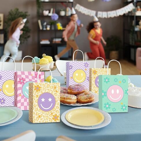 Lesnala 16 Pcs Smiley face goodie bags with Handles 4 Styles Party favor bags for kids birthday Pastel gift bags for Party Event Supplies Baby Shower Decorations in Kuwait