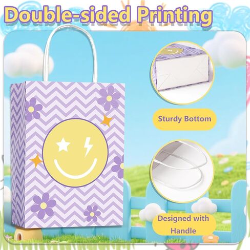 Lesnala 16 Pcs Smiley face goodie bags with Handles 4 Styles Party favor bags for kids birthday Pastel gift bags for Party Event Supplies Baby Shower Decorations in Kuwait