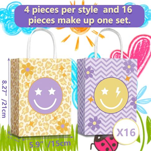 Lesnala 16 Pcs Smiley face goodie bags with Handles 4 Styles Party favor bags for kids birthday Pastel gift bags for Party Event Supplies Baby Shower Decorations in Kuwait