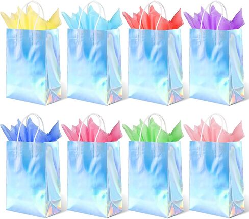 BLEWINDZ 32Pcs Iridescent Holographic Silver Gift Bags with 8-Color Tissue Paper, 8.7" Small Party Favor Bags with Handles for Birthday Baby Shower Wedding in Saudi Arabia