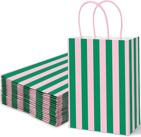 Whaline 36Pcs Pink Green Stripe Paper Bag Treat Bags with Handles Candy Goodie Bags for Birthday Baby Shower Wedding Party Favors Supplies in Kuwait