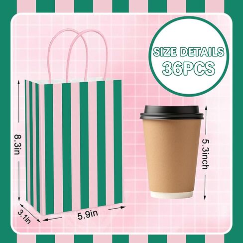 Whaline 36Pcs Pink Green Stripe Paper Bag Treat Bags with Handles Candy Goodie Bags for Birthday Baby Shower Wedding Party Favors Supplies in Kuwait