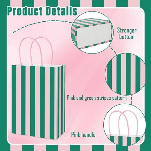 Whaline 36Pcs Pink Green Stripe Paper Bag Treat Bags with Handles Candy Goodie Bags for Birthday Baby Shower Wedding Party Favors Supplies in Kuwait