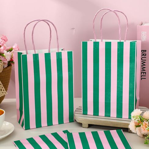 Whaline 36Pcs Pink Green Stripe Paper Bag Treat Bags with Handles Candy Goodie Bags for Birthday Baby Shower Wedding Party Favors Supplies in Kuwait
