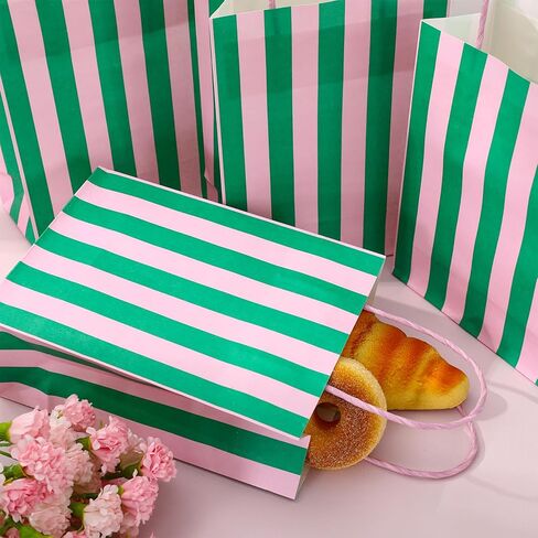 Whaline 36Pcs Pink Green Stripe Paper Bag Treat Bags with Handles Candy Goodie Bags for Birthday Baby Shower Wedding Party Favors Supplies in Kuwait