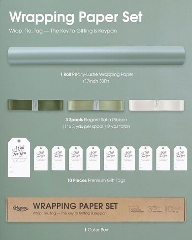 لفة ورق تغليف Keypan Sage Green مقاس 17 بوصة × 33 قدمًا مع خطوط قطع، مجموعة تغليف هدايا مع شريط وعلامات لعيد الميلاد، وأعياد الميلاد، والزفاف، وحفلات استقبال المولود الجديد، وحفلات الزفاف، والربيع in Kuwait