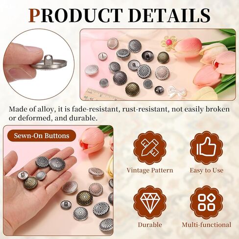 PATIKIL 10 Pcs Vintage Metal Buttons,20mm Round Shank Buttons Engraved Flower Pattern with Metal Shank Hole for Sewing Crafts Projects, Coats, Jackets, DIY Decoration, Copper-White in Kuwait