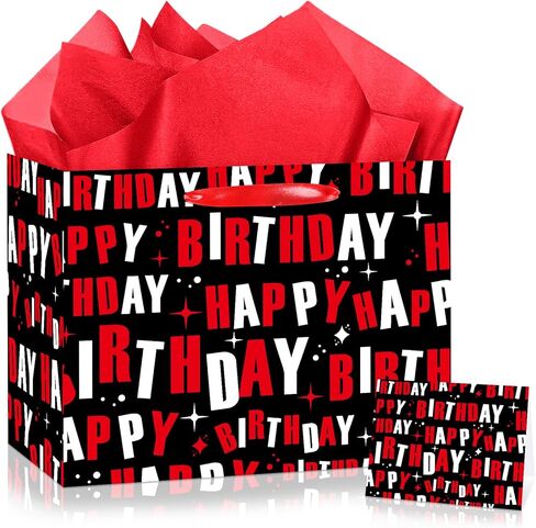 Wauprant Black Red Birthday Gift Bag White Red Words Design Happy Birthday Gift Bag with Wrapping Tissue Paper and Greeting Card for Women Men Girls Boys Kids Teens Christmas Bday Party Supplies in Saudi Arabia