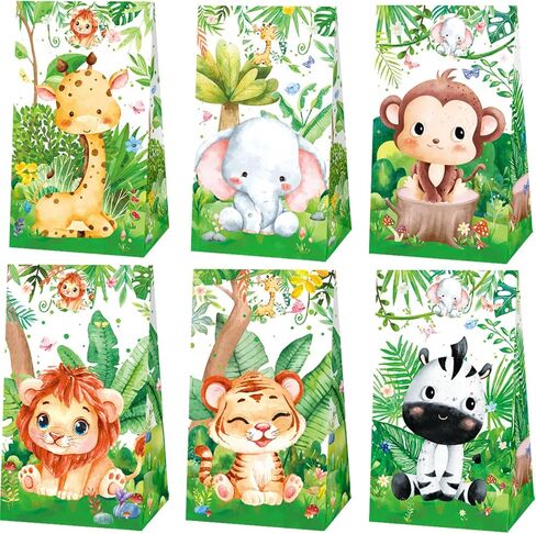 24 Pcs Jungle Animals Party Favor Bags with Stickers - Safari Goodie Bags- Zoo Animals Print Gift Treat Bags - Wedding Birthday Jungle Themed Birthday Party Supplies in Kuwait