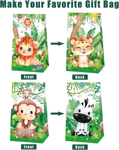 24 Pcs Jungle Animals Party Favor Bags with Stickers - Safari Goodie Bags- Zoo Animals Print Gift Treat Bags - Wedding Birthday Jungle Themed Birthday Party Supplies in Kuwait