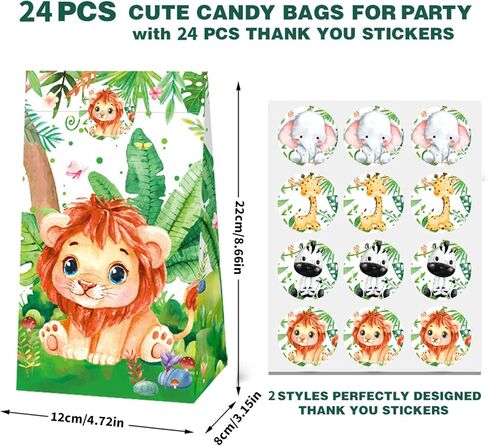 24 Pcs Jungle Animals Party Favor Bags with Stickers - Safari Goodie Bags- Zoo Animals Print Gift Treat Bags - Wedding Birthday Jungle Themed Birthday Party Supplies in Kuwait
