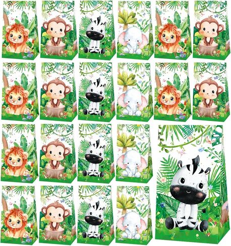 24 Pcs Jungle Animals Party Favor Bags with Stickers - Safari Goodie Bags- Zoo Animals Print Gift Treat Bags - Wedding Birthday Jungle Themed Birthday Party Supplies in Kuwait