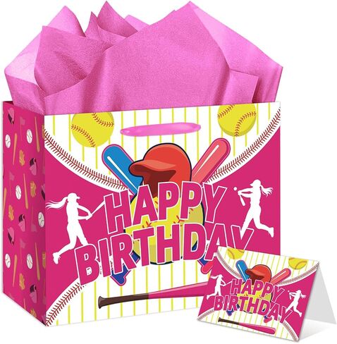 HSKMAKE Pink Softball Birthday Gift Bag with Card Tissue Paper for Party Favors, Goody Bags for Girls Kids, Softball Theme Decorations Birthday Party Supplies in Saudi Arabia