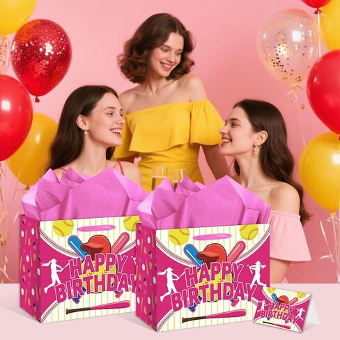 HSKMAKE Pink Softball Birthday Gift Bag with Card Tissue Paper for Party Favors, Goody Bags for Girls Kids, Softball Theme Decorations Birthday Party Supplies in Saudi Arabia