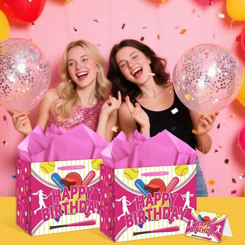 HSKMAKE Pink Softball Birthday Gift Bag with Card Tissue Paper for Party Favors, Goody Bags for Girls Kids, Softball Theme Decorations Birthday Party Supplies in Saudi Arabia