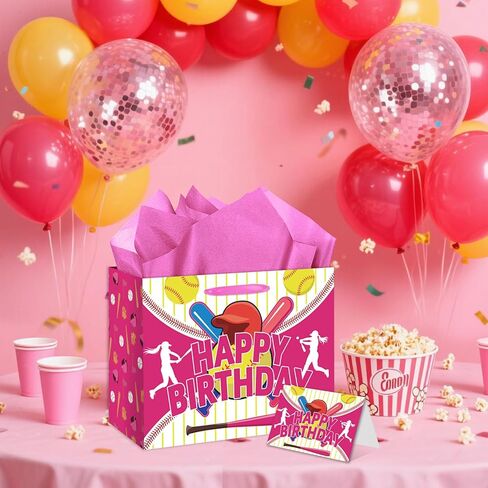 HSKMAKE Pink Softball Birthday Gift Bag with Card Tissue Paper for Party Favors, Goody Bags for Girls Kids, Softball Theme Decorations Birthday Party Supplies in Saudi Arabia