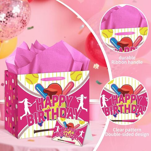 HSKMAKE Pink Softball Birthday Gift Bag with Card Tissue Paper for Party Favors, Goody Bags for Girls Kids, Softball Theme Decorations Birthday Party Supplies in Saudi Arabia