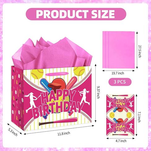 HSKMAKE Pink Softball Birthday Gift Bag with Card Tissue Paper for Party Favors, Goody Bags for Girls Kids, Softball Theme Decorations Birthday Party Supplies in Saudi Arabia