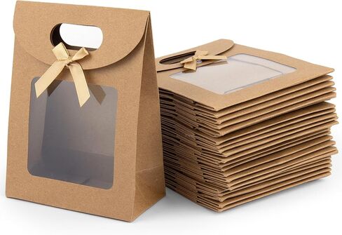 Framendino, 24 Pack Kraft Paper Bags with Clear Window and Handle Stand Up Bag for Candy Cookies Packaging Wedding Christmas Party Store Retail in Kuwait