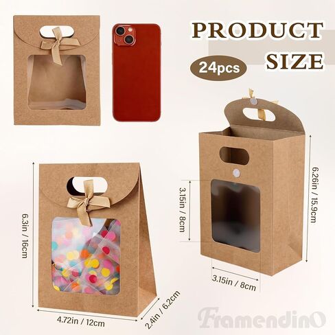 Framendino, 24 Pack Kraft Paper Bags with Clear Window and Handle Stand Up Bag for Candy Cookies Packaging Wedding Christmas Party Store Retail in Kuwait