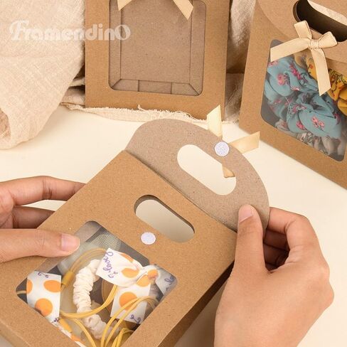Framendino, 24 Pack Kraft Paper Bags with Clear Window and Handle Stand Up Bag for Candy Cookies Packaging Wedding Christmas Party Store Retail in Kuwait