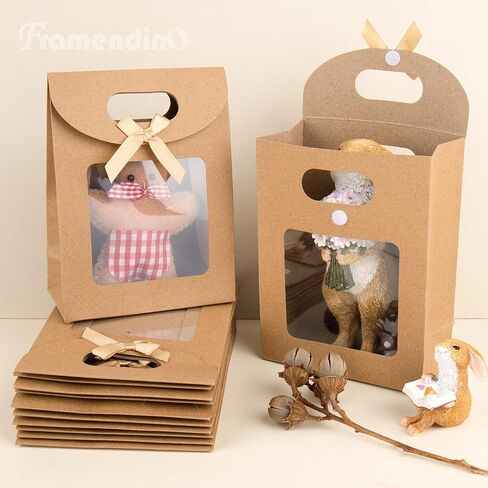 Framendino, 24 Pack Kraft Paper Bags with Clear Window and Handle Stand Up Bag for Candy Cookies Packaging Wedding Christmas Party Store Retail in Kuwait