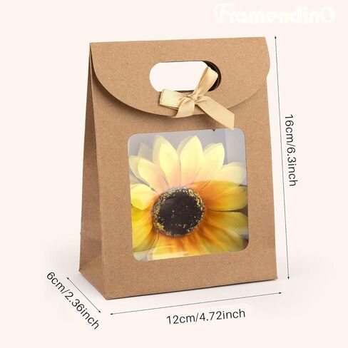 Framendino, 24 Pack Kraft Paper Bags with Clear Window and Handle Stand Up Bag for Candy Cookies Packaging Wedding Christmas Party Store Retail in Kuwait