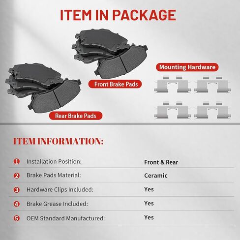 Front Rear Ceramic Brake Pads with Hardware Fit for Toyota Camry 2007 2008 2009 2010 2011 2012 2013 2014 2015 2016 2017, Avalon 2008-2018, Lexus ES300h 2013-2018, ES350 2007-2018 in Saudi Arabia