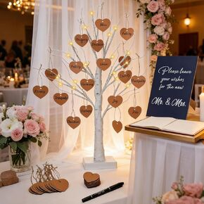 Novabright 103 Pcs Wedding Guest Book Alternative LED Wish Tree Wedding Decor 24 Inch Pre-lit White Birch Tree 100 Heart Cards Welcome Board & Pen Reception Decor Engagement Anniversary Party Supplies in Saudi Arabia