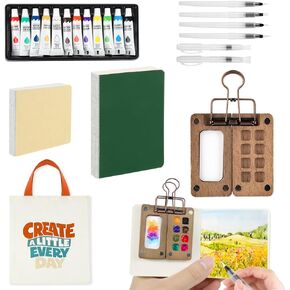 22-Piece Mini Watercolor Travel Set with Walnut Palette, 12 Paints, 6 Water Brushes & 2 Sketchbooks - Portable Pocket Painting Kit for Artists, Beginners & Outdoor Sketching in Saudi Arabia