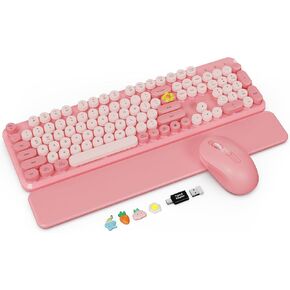 Wireless Keyboard and Mouse Combo, Retro Round Keycaps, Cute Full-Size Typewriter Keyboard with Phone Holder, Sleep Mode, Click Soft, 2.4GHz Cordless Connection for Windows/PC/Laptop (Desert Rose) in Saudi Arabia