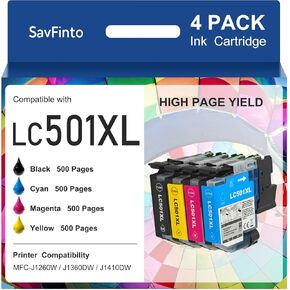 مجموعة خراطيش حبر LC501XL عالية الإنتاجية متوافقة مع خراطيش حبر Brother LC501XL LC501 بديل LC501 XL لطابعة Brother MFC-J1360DW MFC-J1410DW MFC-J1260W (4 عبوات، BCMY) in Kuwait