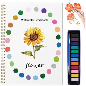 Watercolor Workbook, Water Coloring Book, 12 Different Patterns of Original DIY Designs, 12 Colors Watercolor Paint Set with Palette and Brush, Beginner-Friendly Watercolor Workbooks（Flower-A） in Saudi Arabia