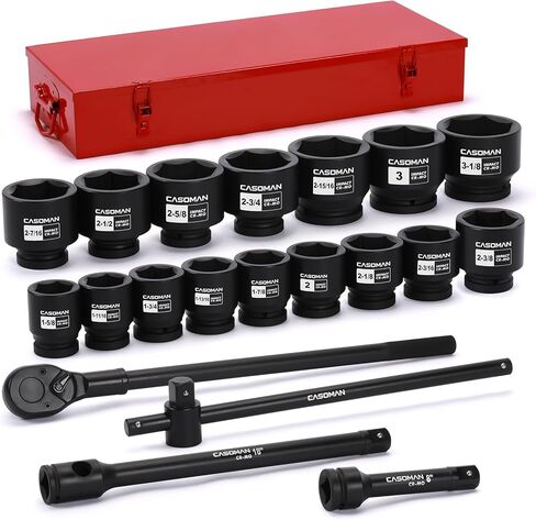 CASOMAN 21-Piece 1" Drive Jumbo Impact Socket Set, 6-Point, Shallow Large Socket Set, SAE (1-5/8" to 3-1/8"), Includes Extension Bars, Ratchet, CR-MO Steel in Kuwait