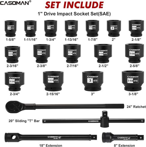 CASOMAN 21-Piece 1" Drive Jumbo Impact Socket Set, 6-Point, Shallow Large Socket Set, SAE (1-5/8" to 3-1/8"), Includes Extension Bars, Ratchet, CR-MO Steel in Kuwait