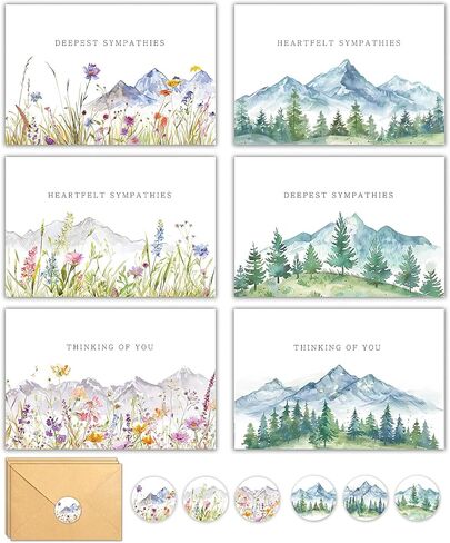 Sympathy Cards Set of 24 with Envelopes & Matching Stickers, Wildflowers Watercolor landscape Design Condolences Cards Bereavement Cards, Each Card Comes with Heartfelt Condolences-Bulk in Saudi Arabia