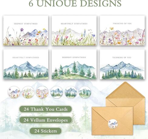 Sympathy Cards Set of 24 with Envelopes & Matching Stickers, Wildflowers Watercolor landscape Design Condolences Cards Bereavement Cards, Each Card Comes with Heartfelt Condolences-Bulk in Saudi Arabia