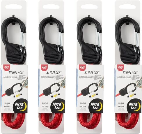 Nite Ize SlideLock Carabiner Bungee - Simple Carabiner Clip with Sliding Lock Feature - Adjustable Bungee Strap for Securing & Bundling Gear - 24", Red (4 Pack) in Kuwait