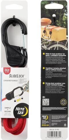 Nite Ize SlideLock Carabiner Bungee - Simple Carabiner Clip with Sliding Lock Feature - Adjustable Bungee Strap for Securing & Bundling Gear - 24", Red (4 Pack) in Kuwait