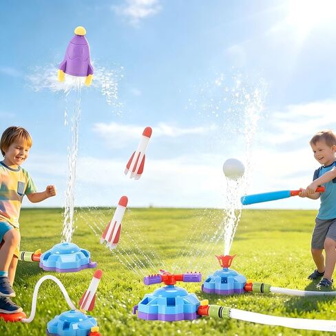 4-in-1 Water Sprinkler Baseball Toy | Water-Powered Rocket Launch & Baseball Hitting | 360° Spinning Sprinkler & Foot-Pump Rocket | Outdoor Summer Water Toys for Kids Ages 3-12 in Saudi Arabia