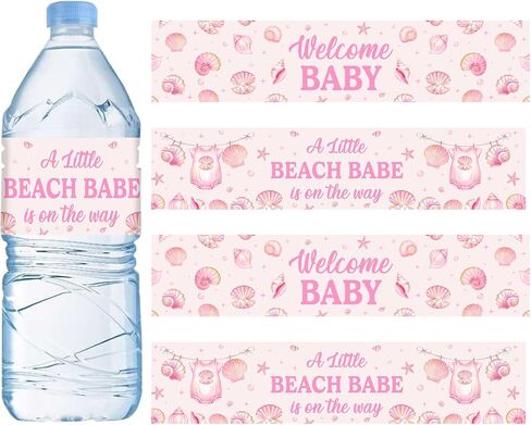 52 Pcs Beach Babe Baby Shower Decorations A Little Beach Babe is on The Way Water Bottle Labels Pink Ocean Coastal Seashell Theme Water Wrapper Labels for Girl Baby Shower Gender Reveal Party Supplies in Saudi Arabia