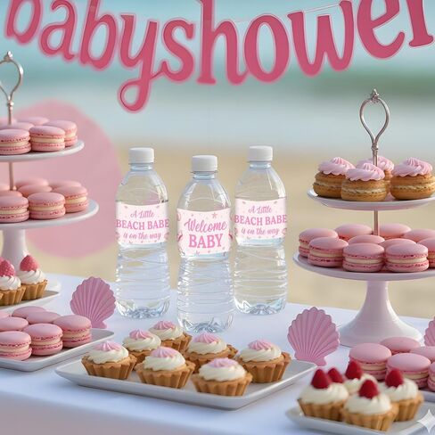 52 Pcs Beach Babe Baby Shower Decorations A Little Beach Babe is on The Way Water Bottle Labels Pink Ocean Coastal Seashell Theme Water Wrapper Labels for Girl Baby Shower Gender Reveal Party Supplies in Saudi Arabia